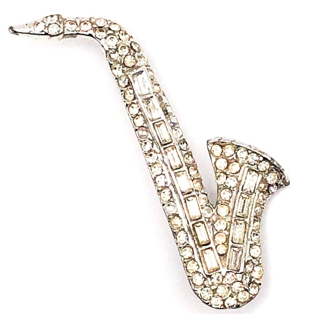 Vintage Silver Tone Rhinestone Saxophone Brooch Pin – Sparkle with Sax Appeal! - Picture 2 of 10